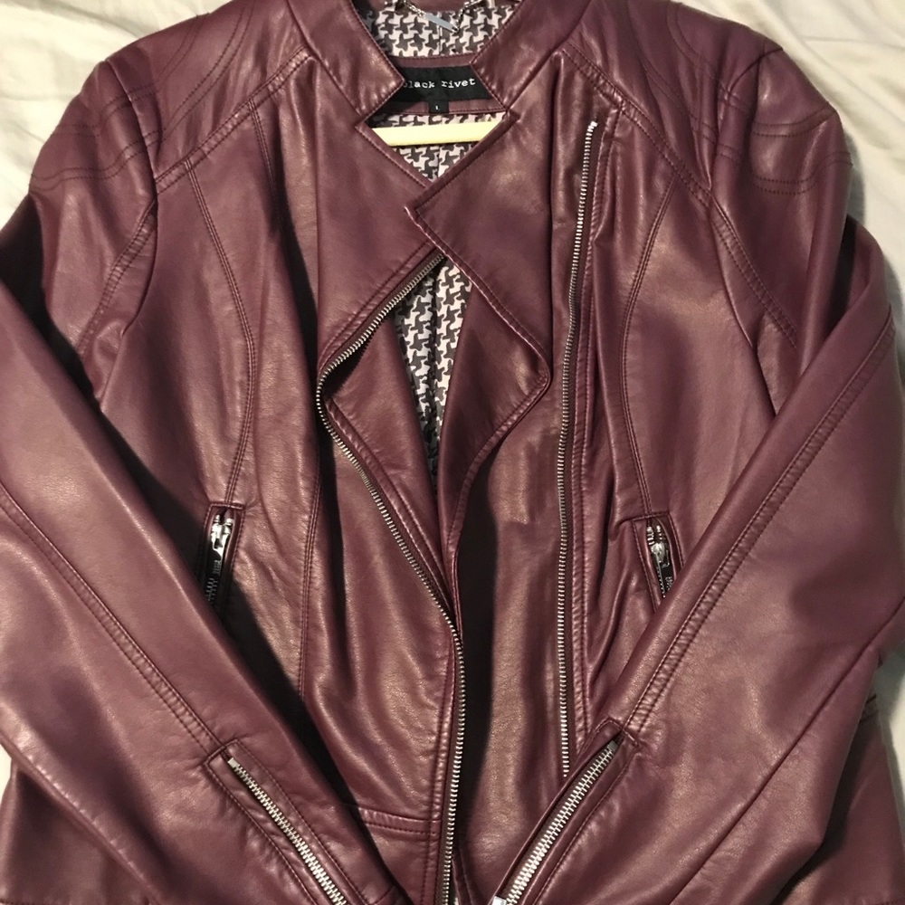 Black rivet maroon leather jacket- real leather